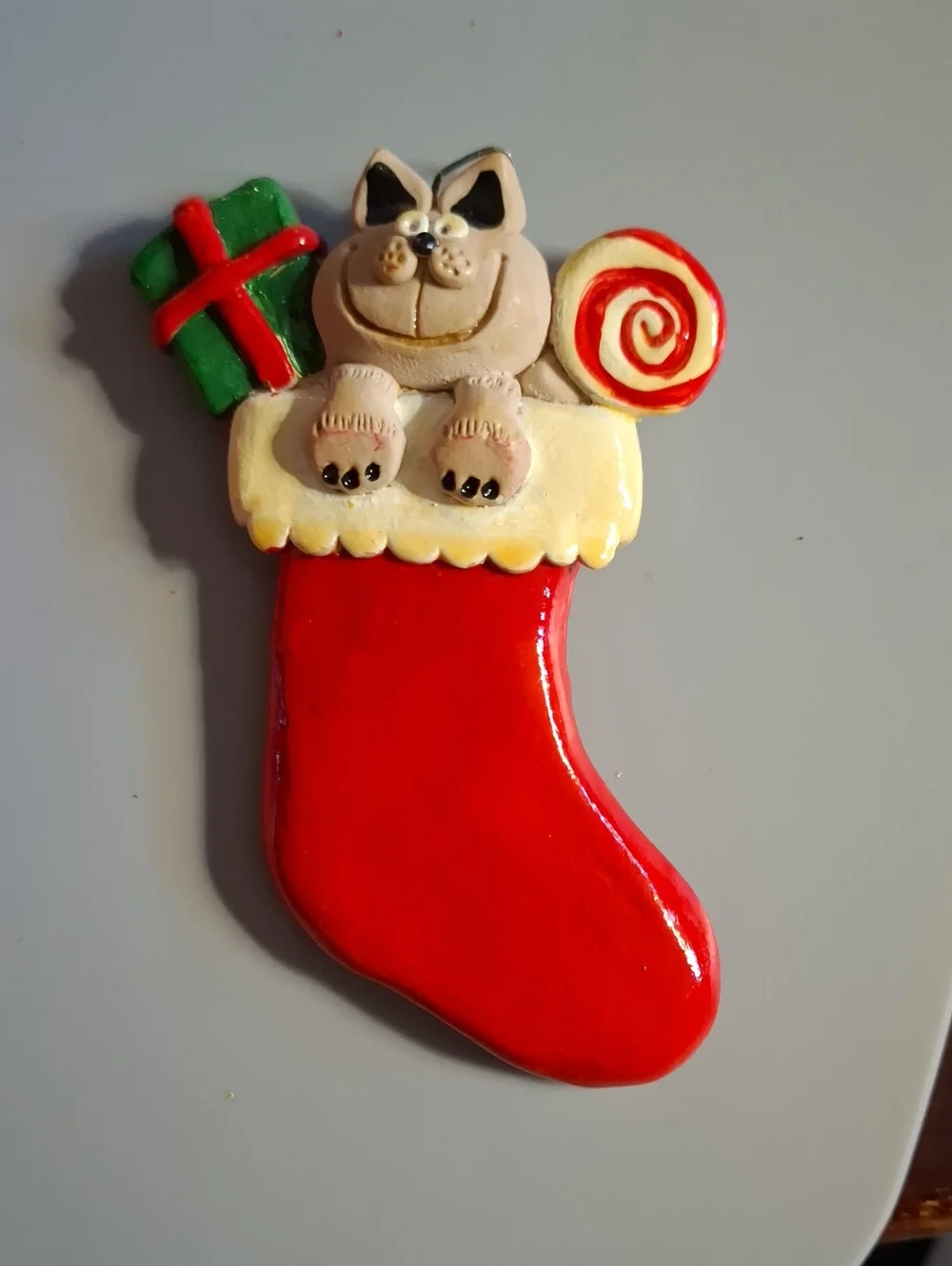 Handcrafted Red Christmas Stocking Ornament with Cat and Candy Accent
